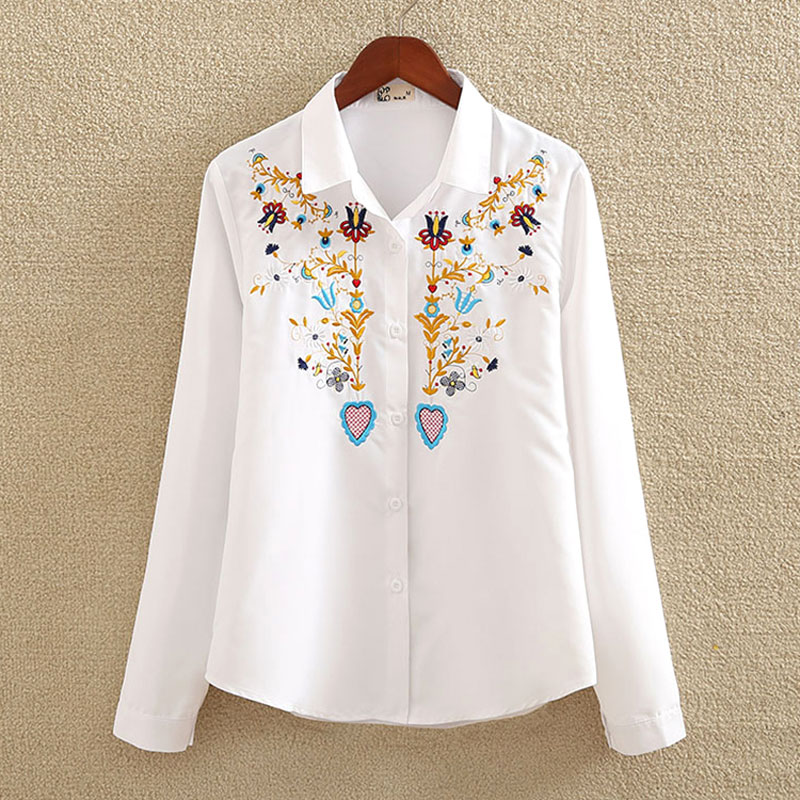 nvyou gou Floral Embroidered Blouse Shirt Women Slim White Tops Long ...
