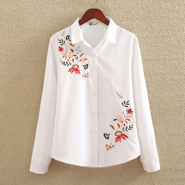 nvyou gou Floral Embroidered Blouse Shirt Women Slim White Tops Long ...
