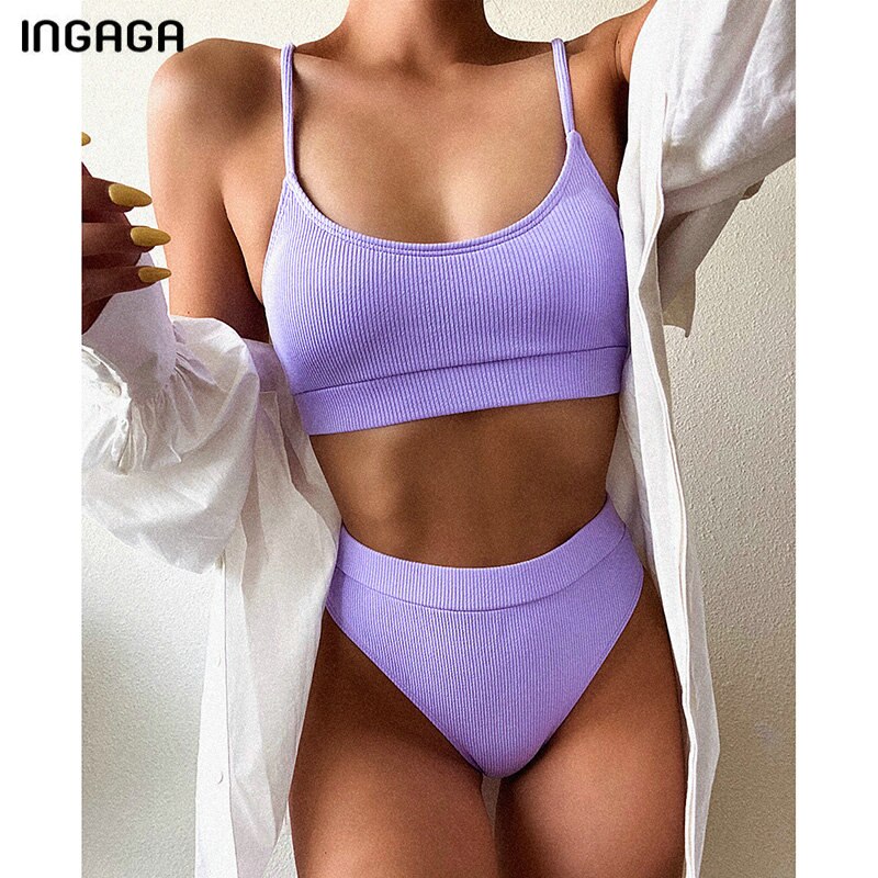 INGAGA High Waist Bikinis Swimsuits Women Push Up Swimwear Ribbed Strap Bathing Suit Biquini Brazilian Bikini 2021 New Beachwear