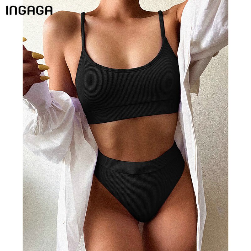 INGAGA High Waist Bikinis Swimsuits Women Push Up Swimwear Ribbed Strap Bathing Suit Biquini Brazilian Bikini 2021 New Beachwear