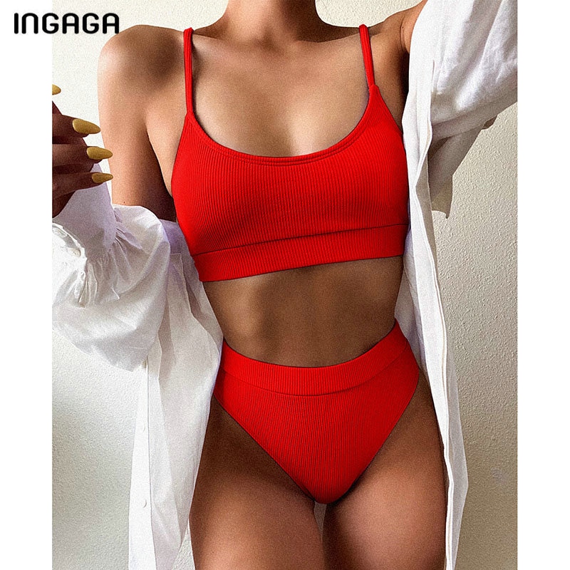 INGAGA High Waist Bikinis Swimsuits Women Push Up Swimwear Ribbed Strap Bathing Suit Biquini Brazilian Bikini 2021 New Beachwear