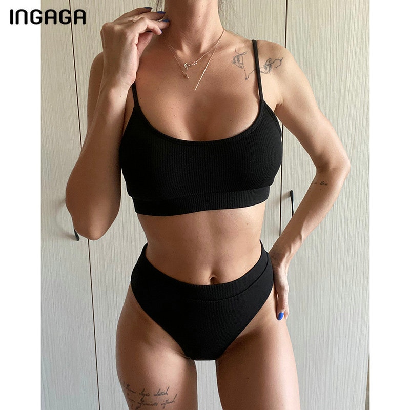 INGAGA High Waist Bikinis Swimsuits Women Push Up Swimwear Ribbed Strap Bathing Suit Biquini Brazilian Bikini 2021 New Beachwear