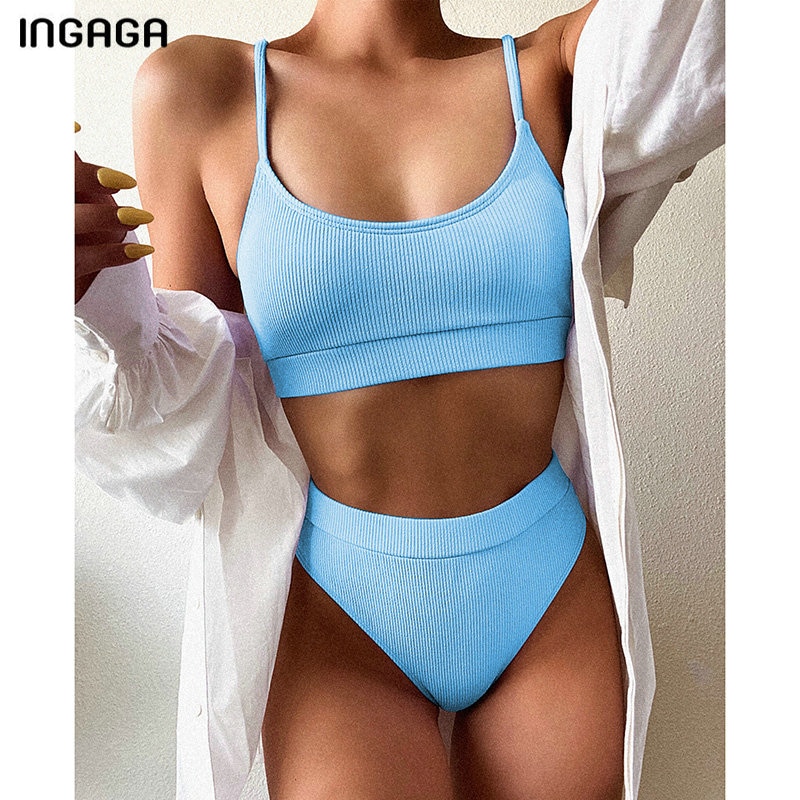 INGAGA High Waist Bikinis Swimsuits Women Push Up Swimwear Ribbed Strap Bathing Suit Biquini Brazilian Bikini 2021 New Beachwear