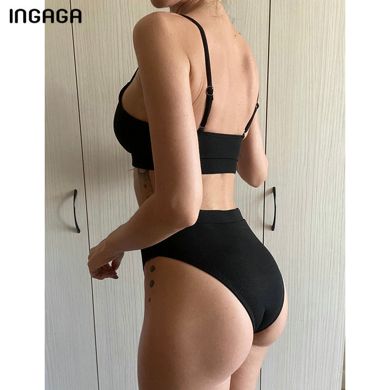 INGAGA High Waist Bikinis Swimsuits Women Push Up Swimwear Ribbed Strap Bathing Suit Biquini Brazilian Bikini 2021 New Beachwear
