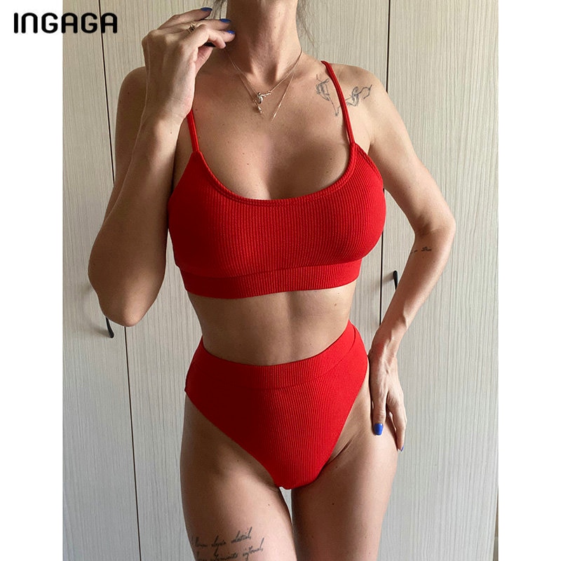 INGAGA High Waist Bikinis Swimsuits Women Push Up Swimwear Ribbed Strap Bathing Suit Biquini Brazilian Bikini 2021 New Beachwear