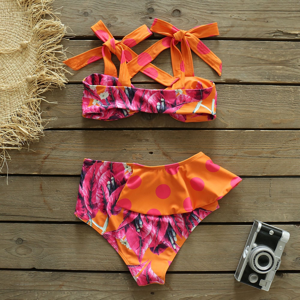 Two-Pieces Women Floral 2021 Push-Up Padded Bra Ruffles Bandage Bikini Set Swimsuit Swimwear Bathing Suit Beachwear Biquini