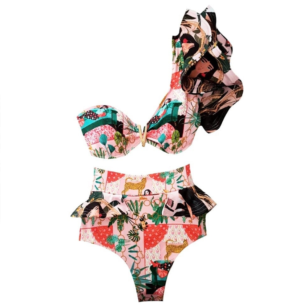 Two-Pieces Women Floral 2021 Push-Up Padded Bra Ruffles Bandage Bikini Set Swimsuit Swimwear Bathing Suit Beachwear Biquini