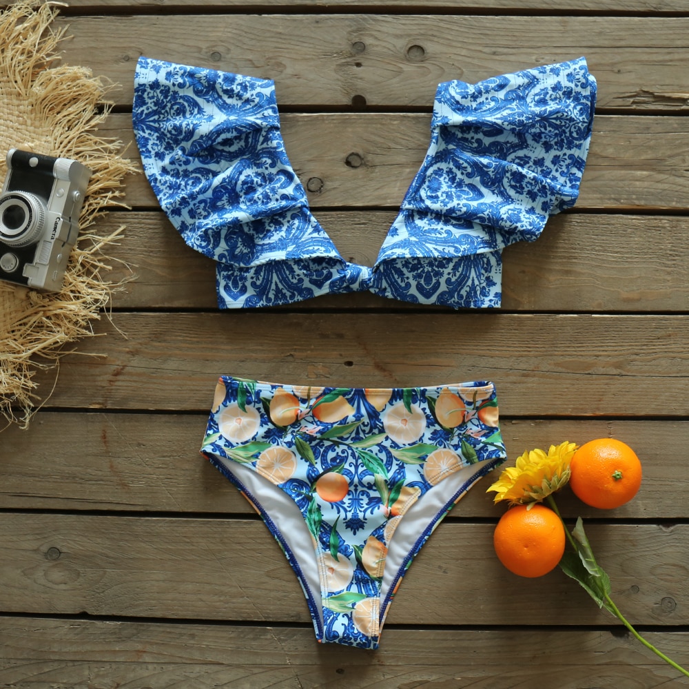 Two-Pieces Women Floral 2021 Push-Up Padded Bra Ruffles Bandage Bikini Set Swimsuit Swimwear Bathing Suit Beachwear Biquini