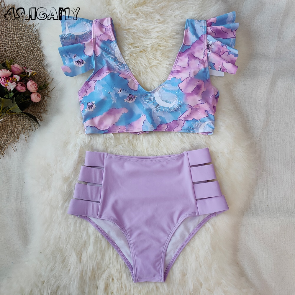 2021 New Bikini Floral Ruffled Bikini Set Women V-neck High Waist Two Piece Swimsuit Girl Beach Bathing Suit Swimwear Biquinis