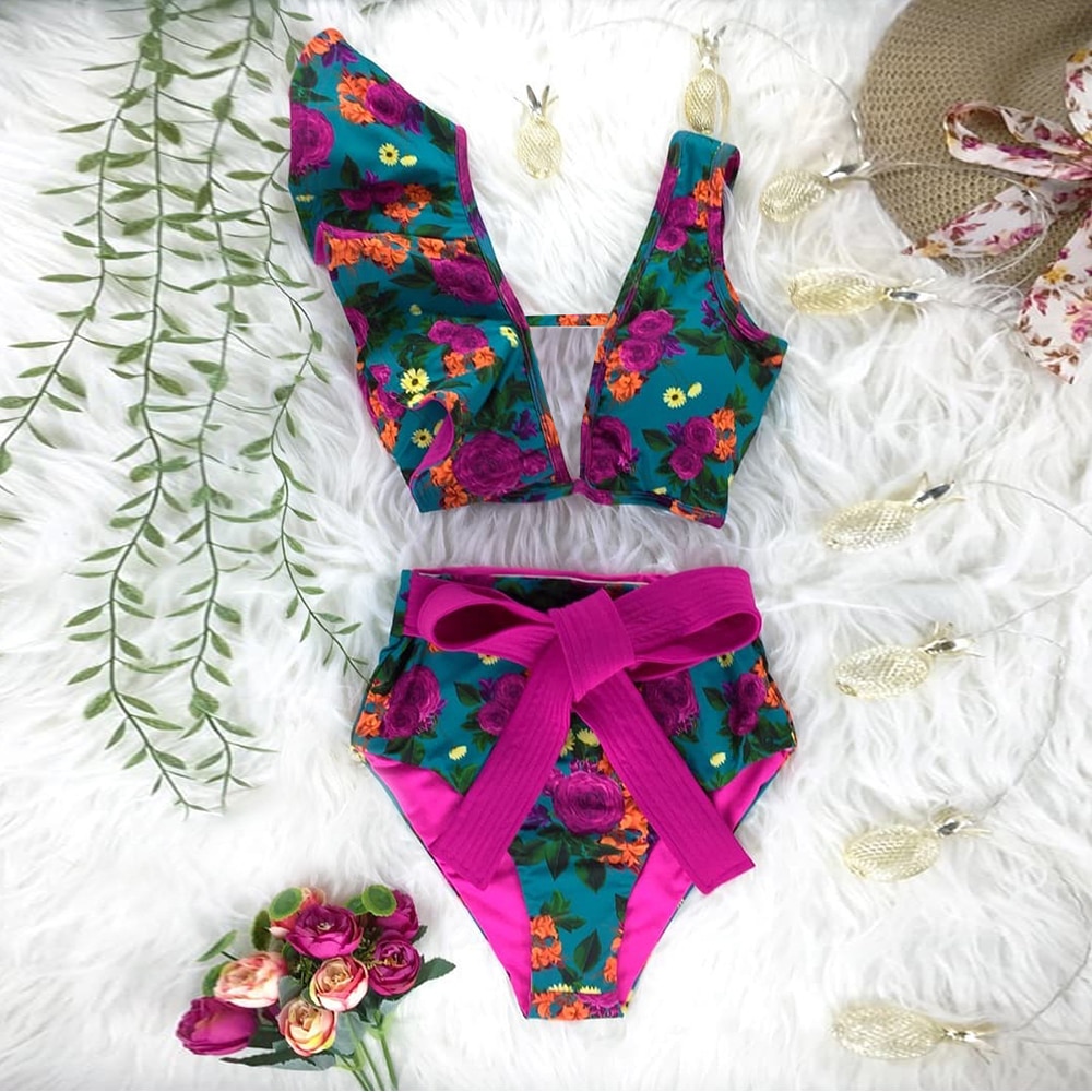 2021 New Bikini Floral Ruffled Bikini Set Women V-neck High Waist Two Piece Swimsuit Girl Beach Bathing Suit Swimwear Biquinis