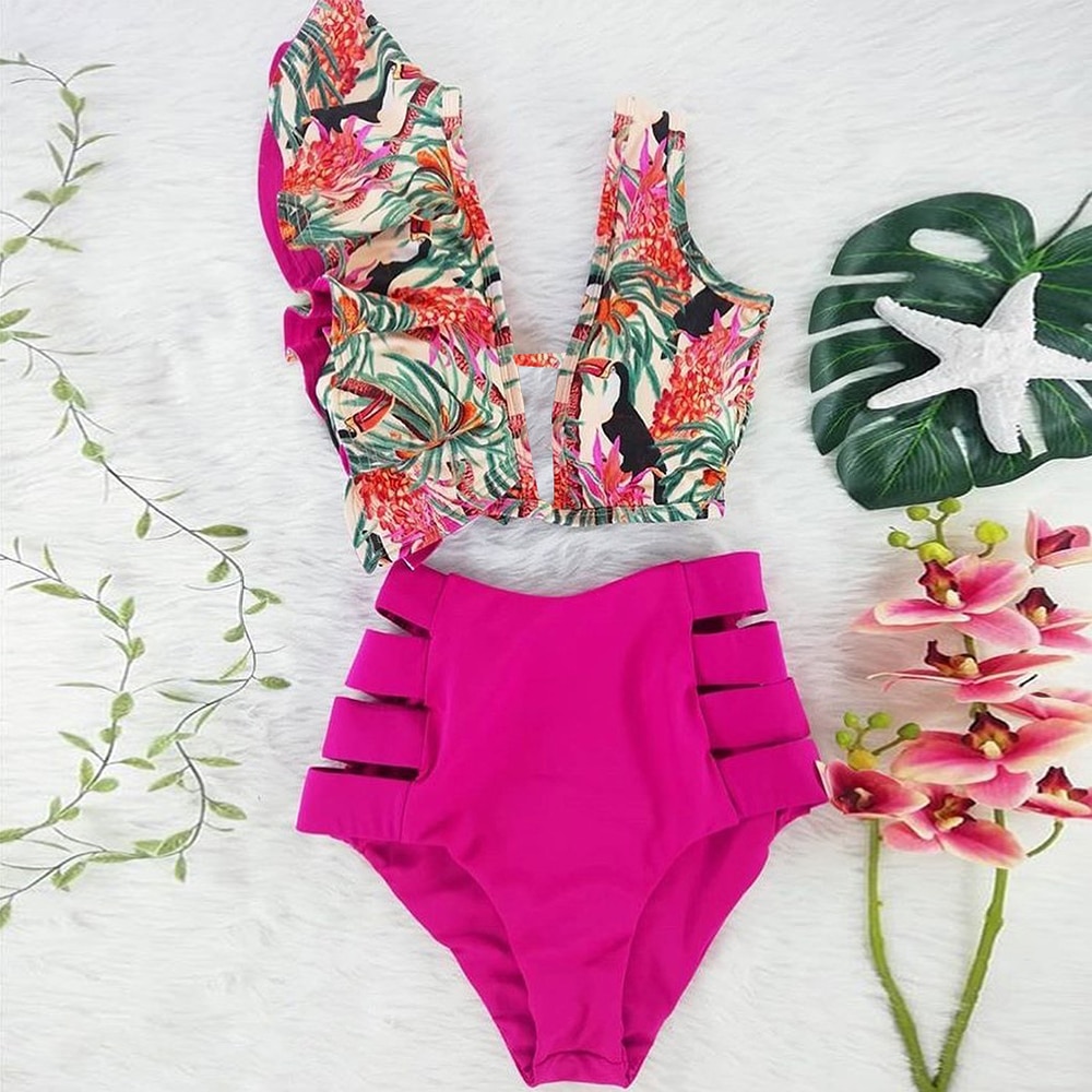 2021 New Bikini Floral Ruffled Bikini Set Women V-neck High Waist Two Piece Swimsuit Girl Beach Bathing Suit Swimwear Biquinis