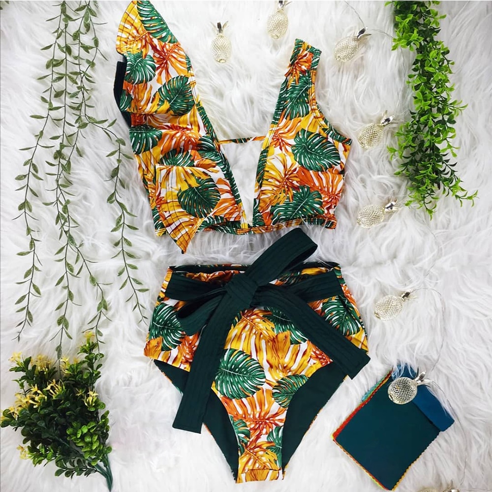 2021 New Bikini Floral Ruffled Bikini Set Women V-neck High Waist Two Piece Swimsuit Girl Beach Bathing Suit Swimwear Biquinis