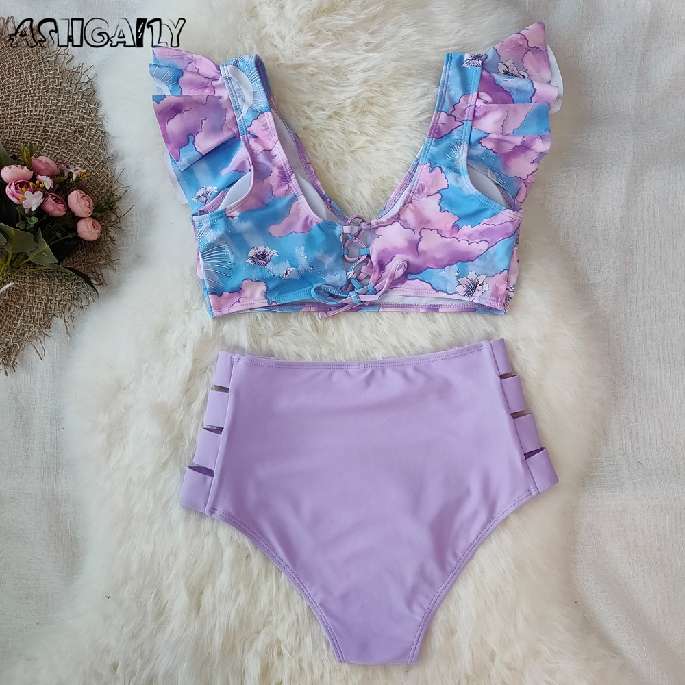 2021 New Bikini Floral Ruffled Bikini Set Women V-neck High Waist Two Piece Swimsuit Girl Beach Bathing Suit Swimwear Biquinis