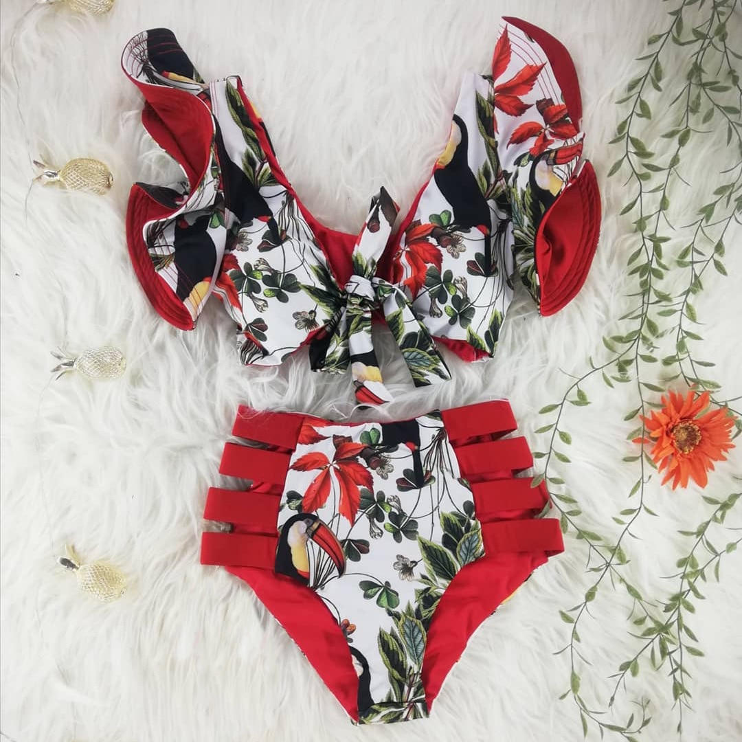 2021 New Bikini Floral Ruffled Bikini Set Women V-neck High Waist Two Piece Swimsuit Girl Beach Bathing Suit Swimwear Biquinis