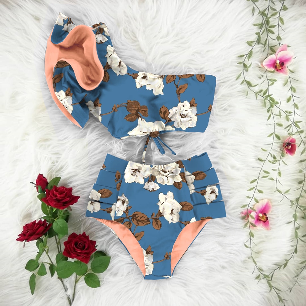 2021 New Bikini Floral Ruffled Bikini Set Women V-neck High Waist Two Piece Swimsuit Girl Beach Bathing Suit Swimwear Biquinis