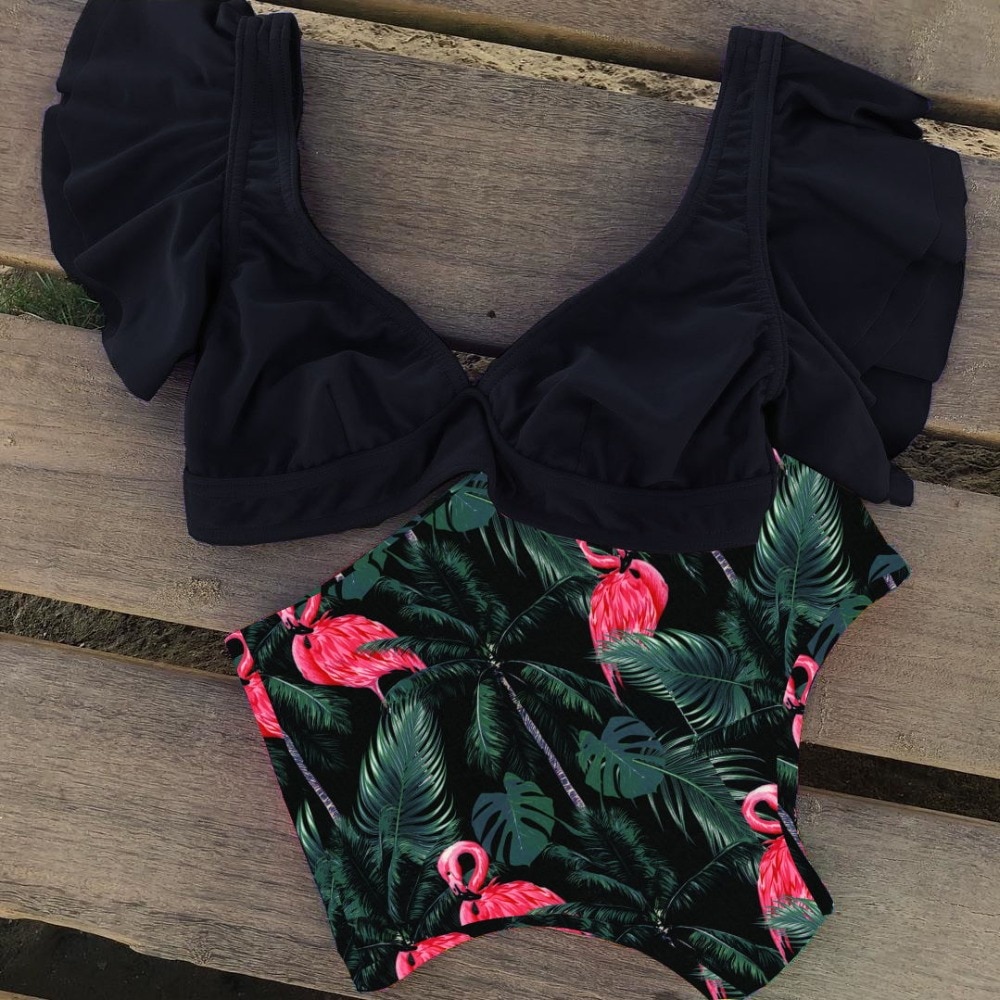 2021 New Bikini Floral Ruffled Bikini Set Women V-neck High Waist Two Piece Swimsuit Girl Beach Bathing Suit Swimwear Biquinis