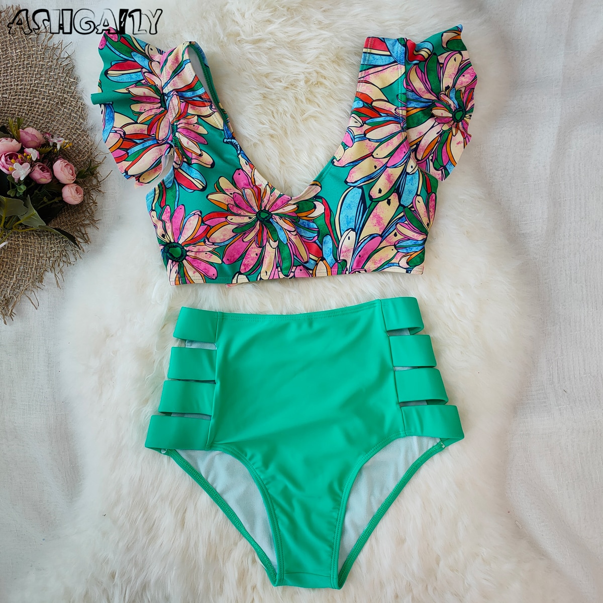 2021 New Bikini Floral Ruffled Bikini Set Women V-neck High Waist Two Piece Swimsuit Girl Beach Bathing Suit Swimwear Biquinis