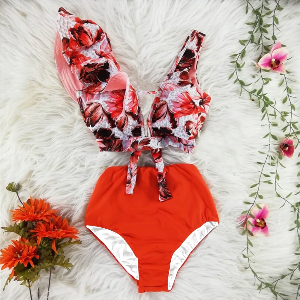 2021 New Bikini Floral Ruffled Bikini Set Women V-neck High Waist Two Piece Swimsuit Girl Beach Bathing Suit Swimwear Biquinis