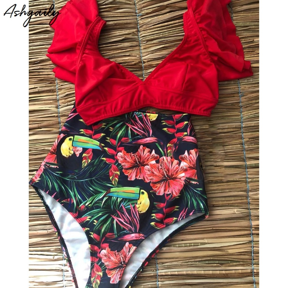 2021 New Bikini Floral Ruffled Bikini Set Women V-neck High Waist Two Piece Swimsuit Girl Beach Bathing Suit Swimwear Biquinis