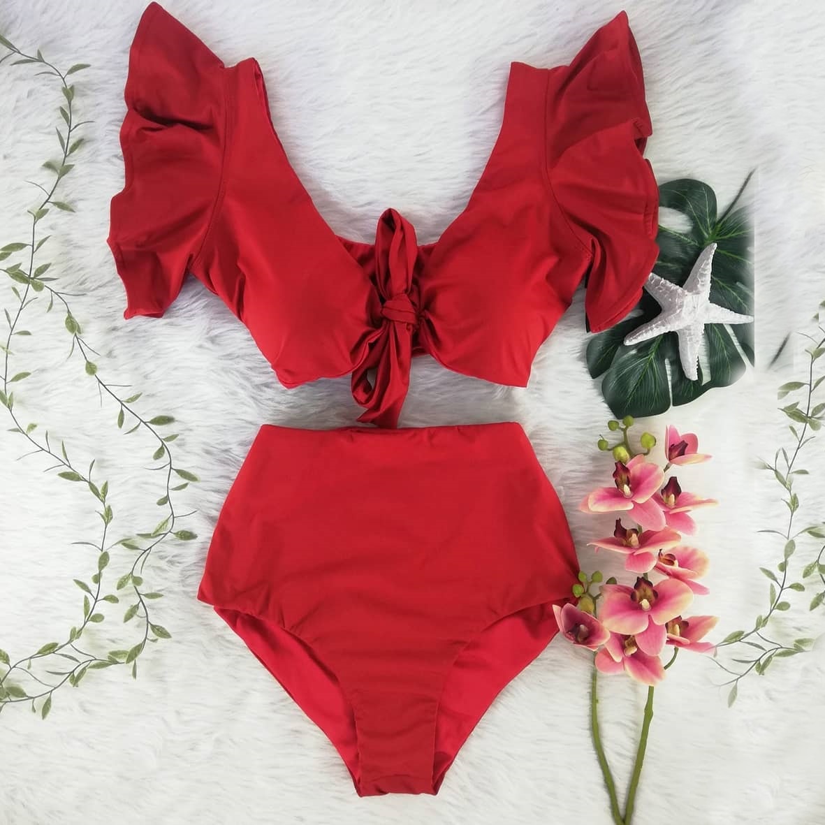 2021 New Bikini Floral Ruffled Bikini Set Women V-neck High Waist Two Piece Swimsuit Girl Beach Bathing Suit Swimwear Biquinis