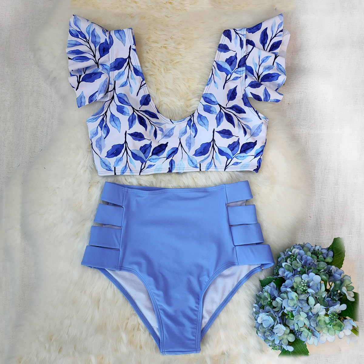 2021 New Bikini Floral Ruffled Bikini Set Women V-neck High Waist Two Piece Swimsuit Girl Beach Bathing Suit Swimwear Biquinis