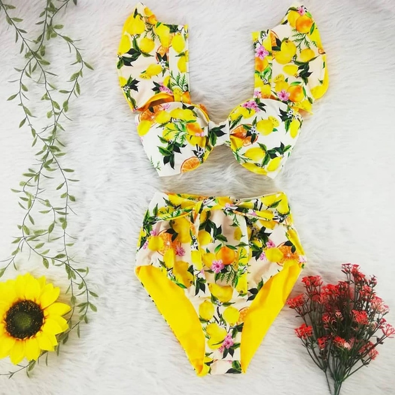 2021 New Bikini Floral Ruffled Bikini Set Women V-neck High Waist Two Piece Swimsuit Girl Beach Bathing Suit Swimwear Biquinis