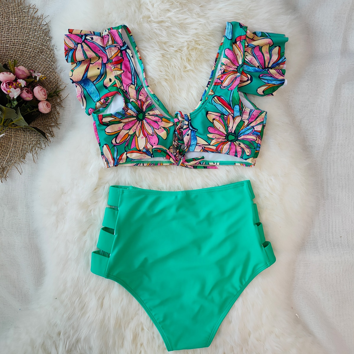 2021 New Bikini Floral Ruffled Bikini Set Women V-neck High Waist Two Piece Swimsuit Girl Beach Bathing Suit Swimwear Biquinis