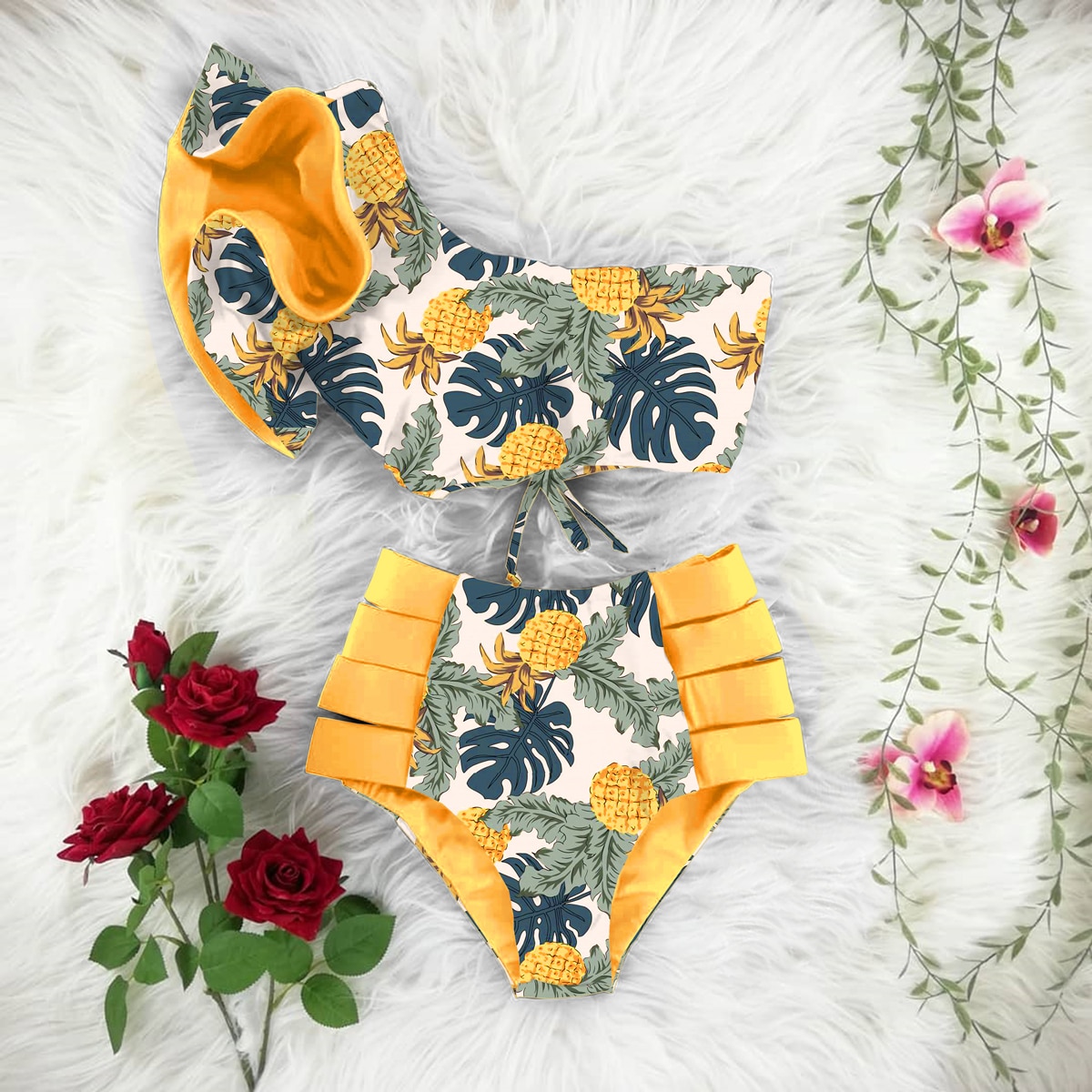 2021 New Bikini Floral Ruffled Bikini Set Women V-neck High Waist Two Piece Swimsuit Girl Beach Bathing Suit Swimwear Biquinis