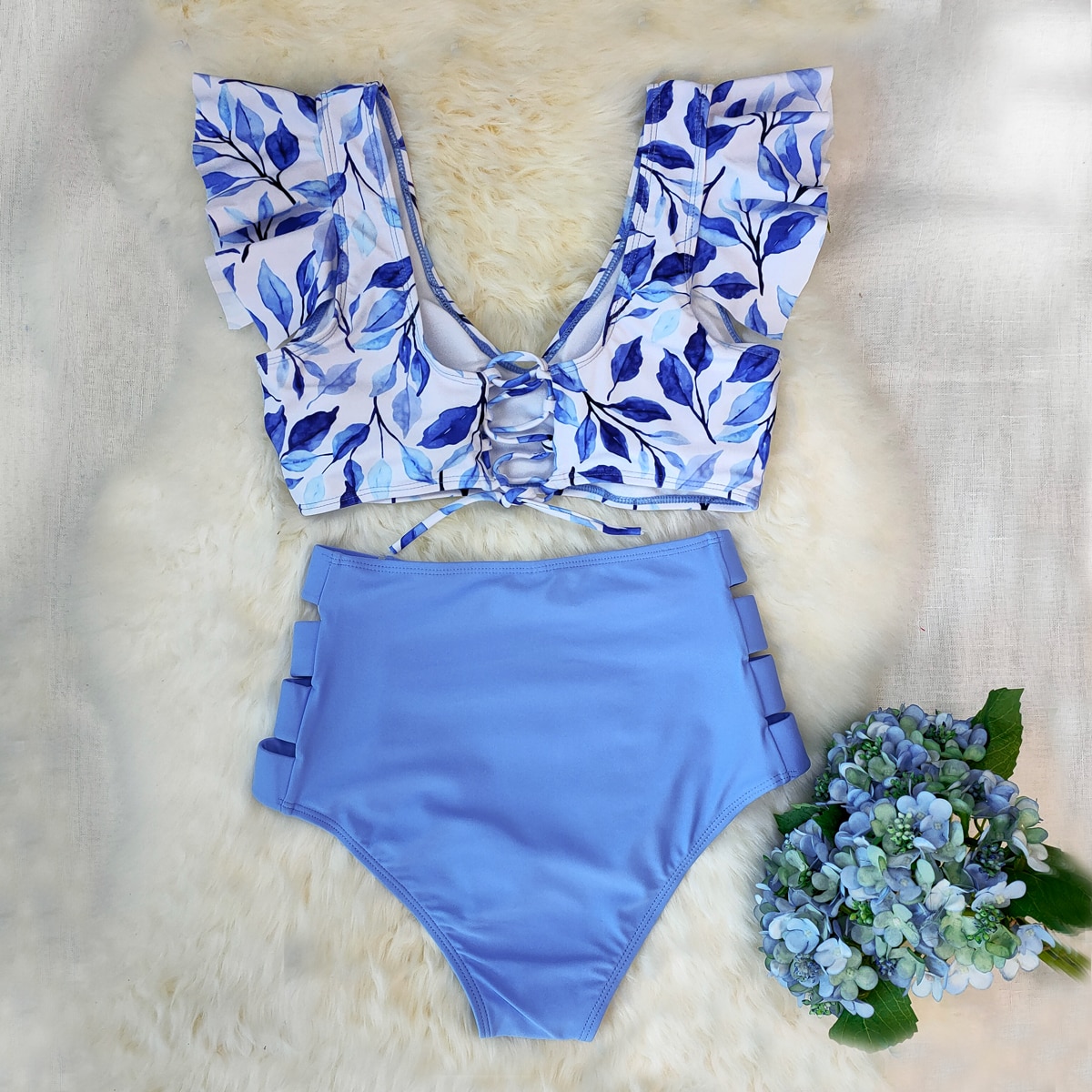 2021 New Bikini Floral Ruffled Bikini Set Women V-neck High Waist Two Piece Swimsuit Girl Beach Bathing Suit Swimwear Biquinis