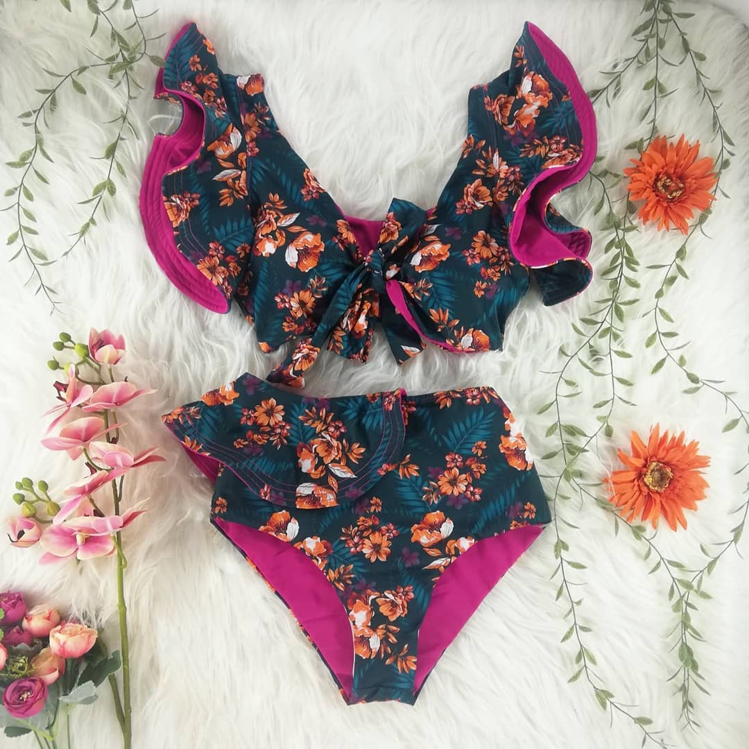 2021 New Bikini Floral Ruffled Bikini Set Women V-neck High Waist Two Piece Swimsuit Girl Beach Bathing Suit Swimwear Biquinis