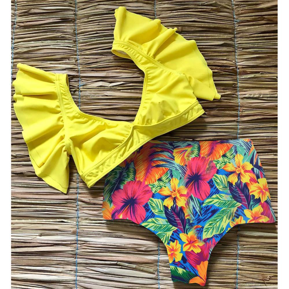 2021 New Bikini Floral Ruffled Bikini Set Women V-neck High Waist Two Piece Swimsuit Girl Beach Bathing Suit Swimwear Biquinis