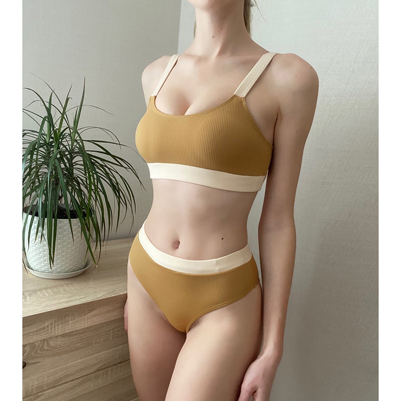 INGAGA High Waist Bikinis 2021 Swimsuits Bandeau Swimwear Women Splicing Biquini Beachwear Sports Ribbed Bathing Suits New