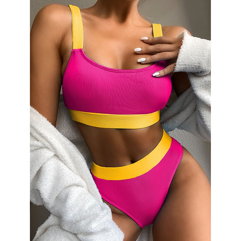 INGAGA High Waist Bikinis 2021 Swimsuits Bandeau Swimwear Women Splicing Biquini Beachwear Sports Ribbed Bathing Suits New