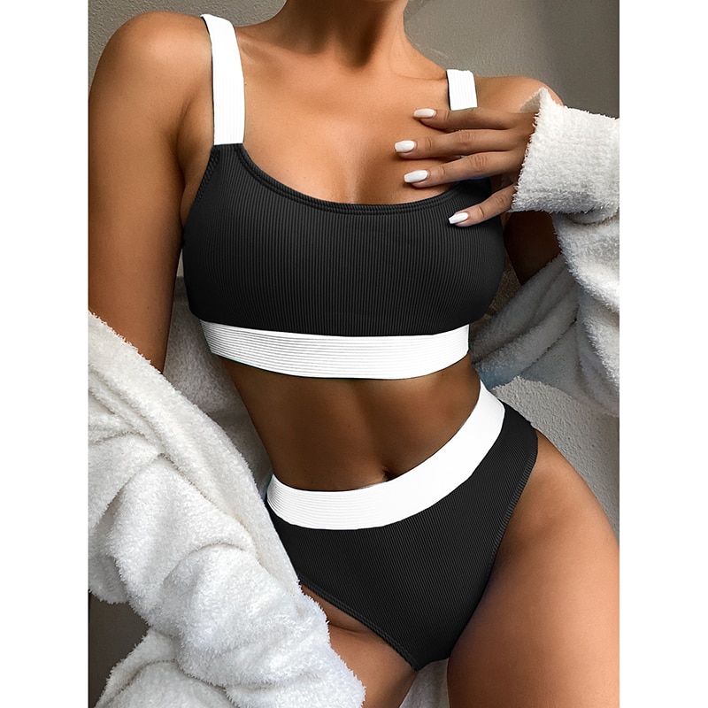 INGAGA High Waist Bikinis 2021 Swimsuits Bandeau Swimwear Women Splicing Biquini Beachwear Sports Ribbed Bathing Suits New