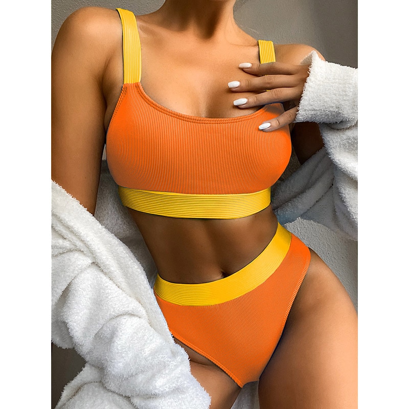 INGAGA High Waist Bikinis 2021 Swimsuits Bandeau Swimwear Women Splicing Biquini Beachwear Sports Ribbed Bathing Suits New