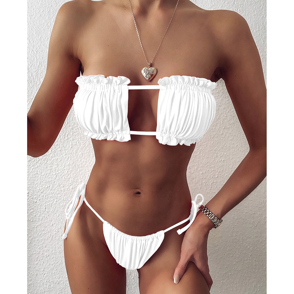 Sexy Bikini 2021 Pleated Bandeau Swimsuit Female Swimwear Women Mini Thong Bikini Set Bather Swimming Beachwear for Bathing Suit