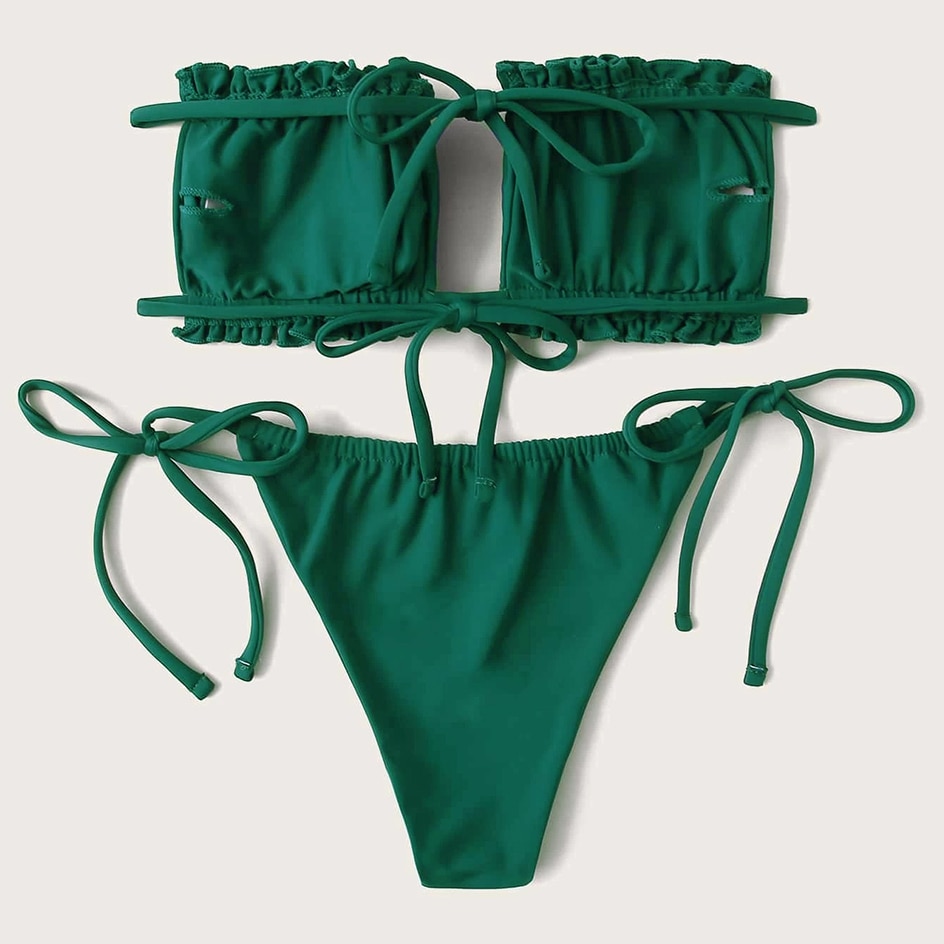 Sexy Bikini 2021 Pleated Bandeau Swimsuit Female Swimwear Women Mini Thong Bikini Set Bather Swimming Beachwear for Bathing Suit