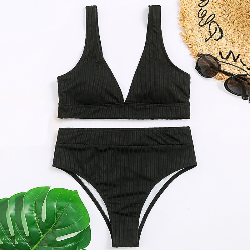 Peachtan Sexy solid ribbed bikinis 2021 mujer High waist swimsuit women V neck swimwear female Sport bathing suit Stripe biquini