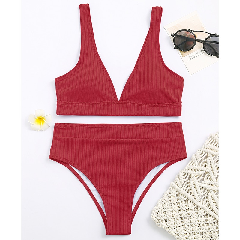 Peachtan Sexy solid ribbed bikinis 2021 mujer High waist swimsuit women V neck swimwear female Sport bathing suit Stripe biquini