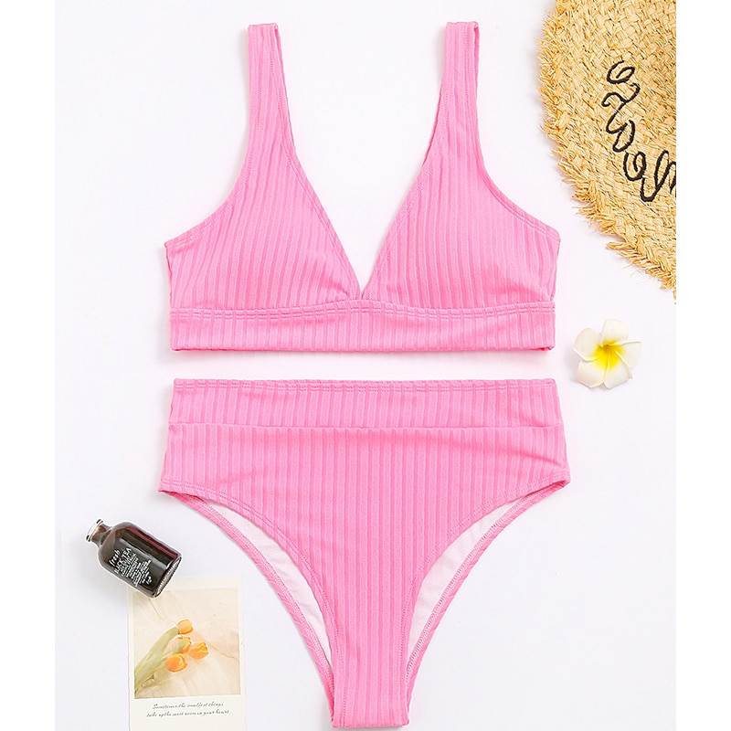 Peachtan Sexy solid ribbed bikinis 2021 mujer High waist swimsuit women V neck swimwear female Sport bathing suit Stripe biquini