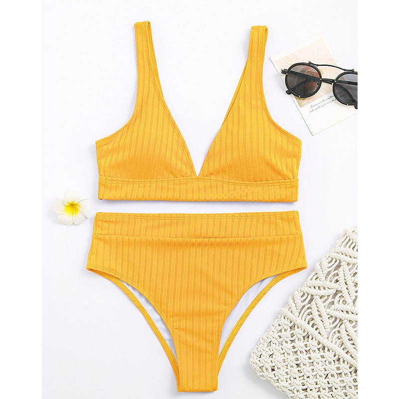 Peachtan Sexy solid ribbed bikinis 2021 mujer High waist swimsuit women V neck swimwear female Sport bathing suit Stripe biquini