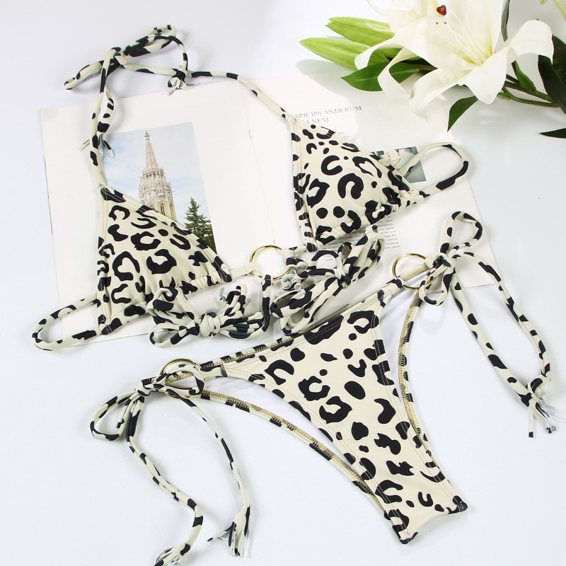 Zrtak Sexy Handwork Bikinis Small Ruffle Swimsuit Vintage Print Swimwear Women Bathing Suit Leopard Patchwork Bikini Set String