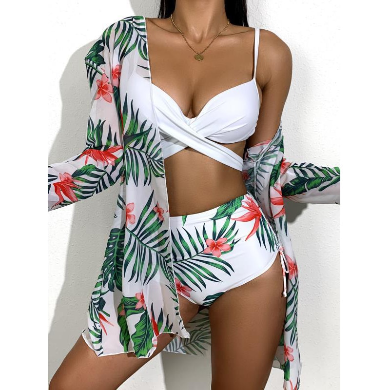 2021 New Sexy Three Pieces Bikini Set Cover Up Swimwear Women Swimsuit Print Long Sleeve Bathing Suit Beachwear Swimming Biquini