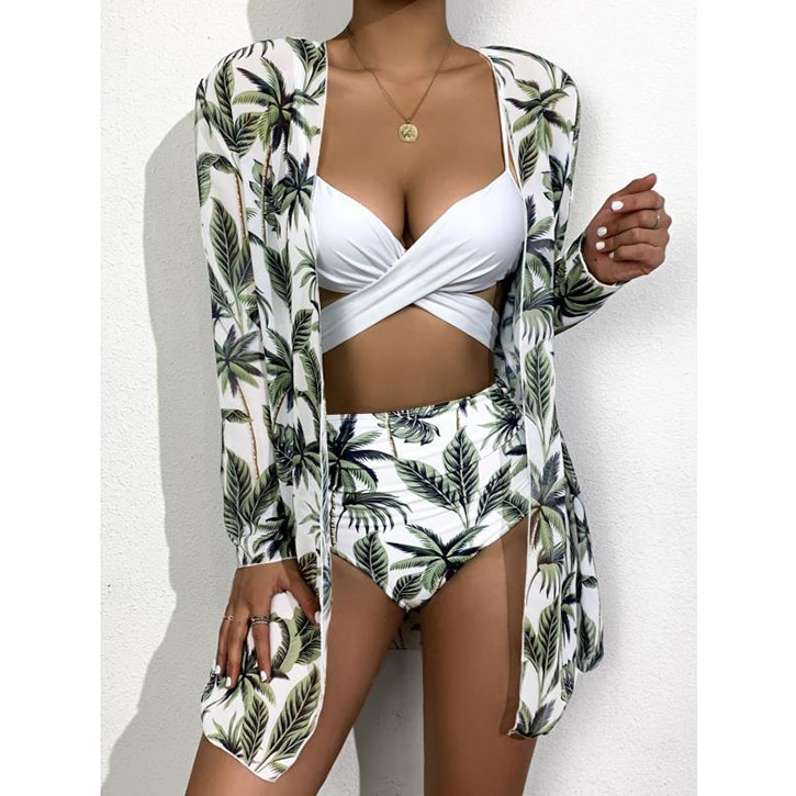 2021 New Sexy Three Pieces Bikini Set Cover Up Swimwear Women Swimsuit Print Long Sleeve Bathing Suit Beachwear Swimming Biquini