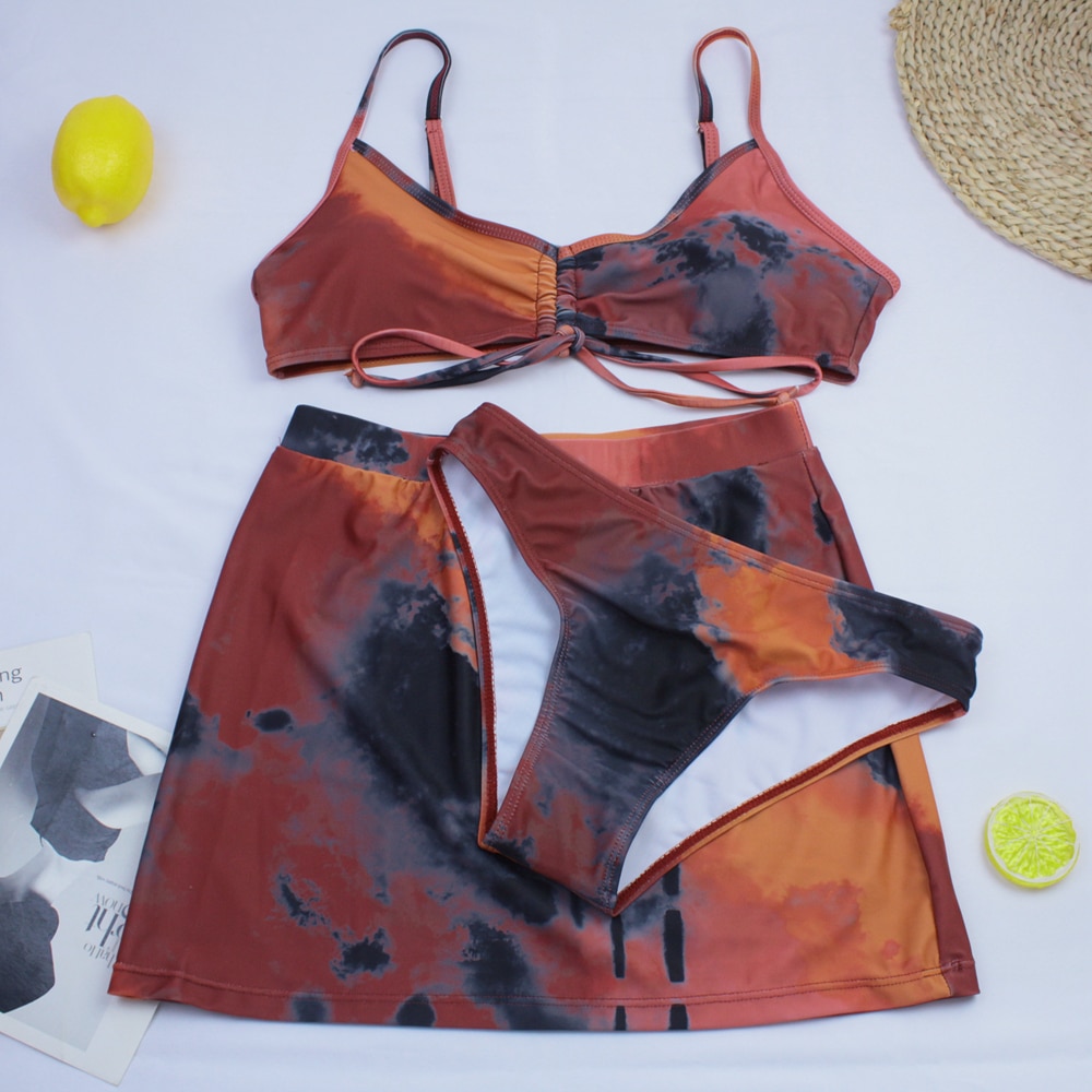 Sexy 3 Piece Bikini Set With Cover Up Beach Dress Tie Dye Push Up  Biquini Brazilian Swimwear Women Thong Bikinis 2021 Mujer