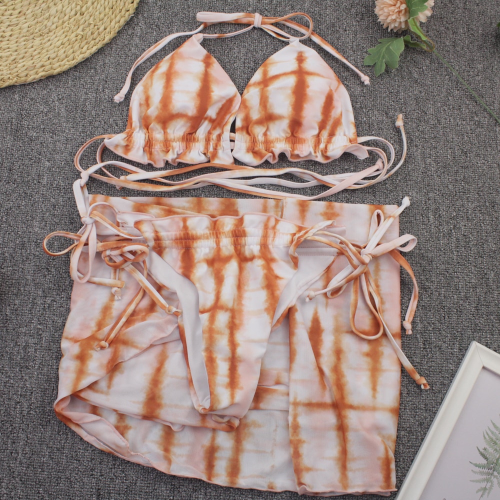 Sexy 3 Piece Bikini Set With Cover Up Beach Dress Tie Dye Push Up  Biquini Brazilian Swimwear Women Thong Bikinis 2021 Mujer