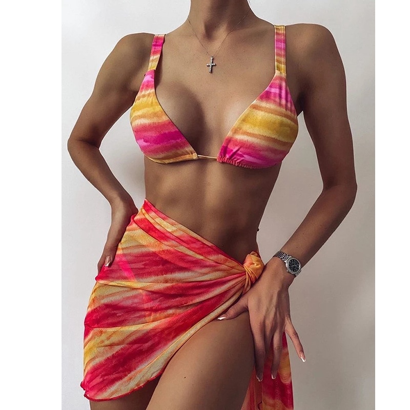 Sexy 3 Piece Bikini Set With Cover Up Beach Dress Tie Dye Push Up  Biquini Brazilian Swimwear Women Thong Bikinis 2021 Mujer