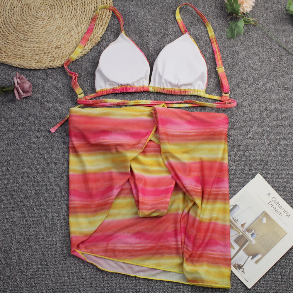 Sexy 3 Piece Bikini Set With Cover Up Beach Dress Tie Dye Push Up  Biquini Brazilian Swimwear Women Thong Bikinis 2021 Mujer