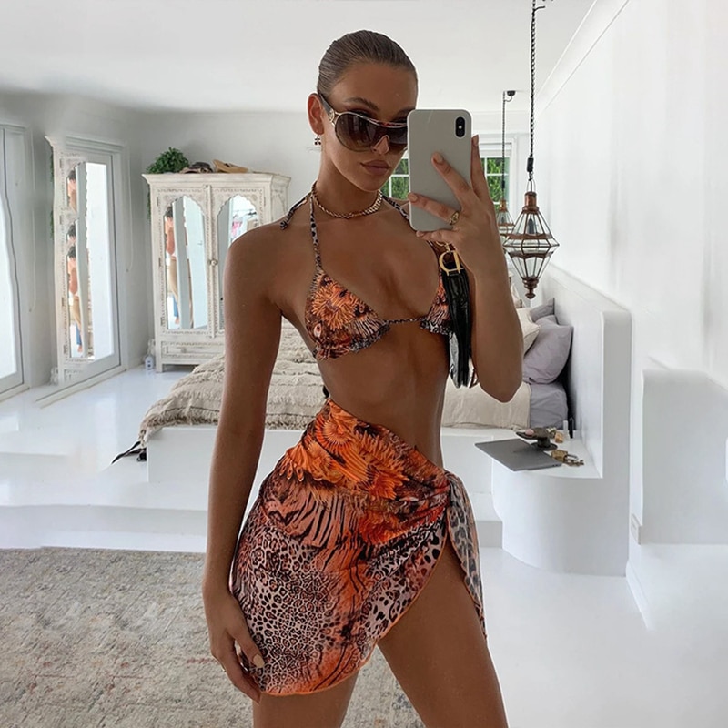 Sexy 3 Piece Bikini Set With Cover Up Beach Dress Tie Dye Push Up  Biquini Brazilian Swimwear Women Thong Bikinis 2021 Mujer