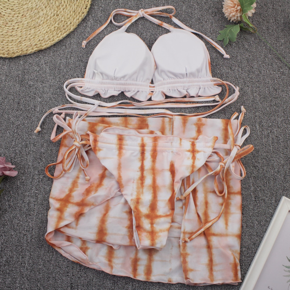 Sexy 3 Piece Bikini Set With Cover Up Beach Dress Tie Dye Push Up  Biquini Brazilian Swimwear Women Thong Bikinis 2021 Mujer